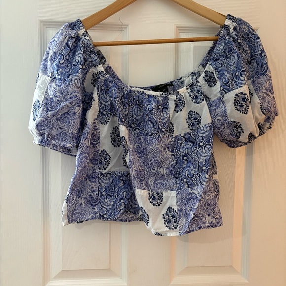 J. Crew 100% cotton patchwork puff sleeve crop shirt size xs blue floral - Picture 3 of 12
